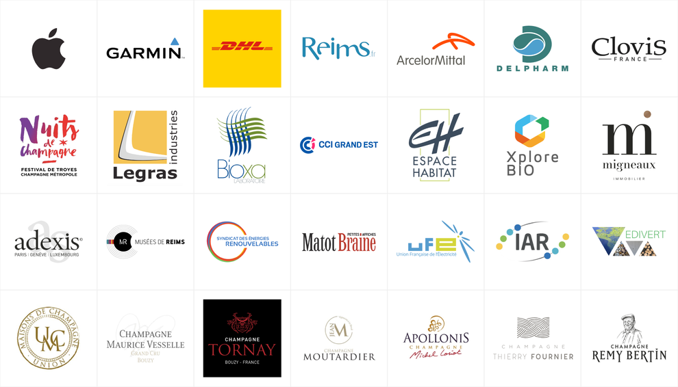 Logos de certaines de nos clients : Garmin, DHL, Ville de Reims, Delpharm, ...